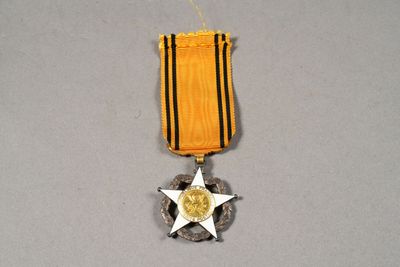 a medal with a star on it on a gray surface