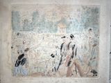 painting of a group of people walking down a street with a dog