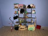 une étagère sur laquelle sont posés des jouets et des livres, dans un coin de la pièce