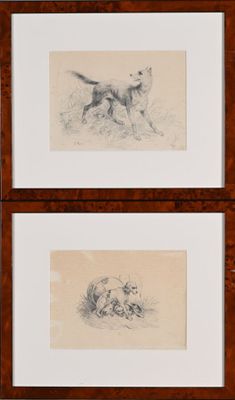 deux dessins représentant un chien et un chat, dans un cadre en bois