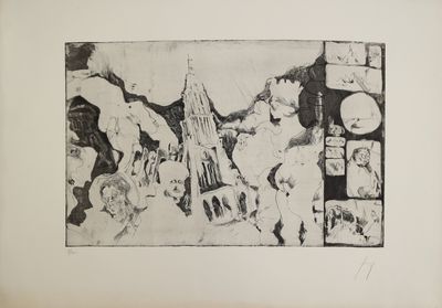 dessin en noir et blanc représentant une montagne avec une horloge