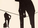 a drawing of a man on a tight rope with a dog