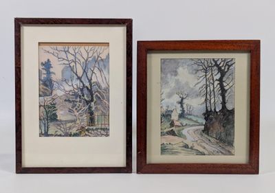 une paire d'aquarelles encadrées représentant une route de campagne et une maison