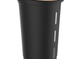 a black plastic cup with a lid and a wooden lid