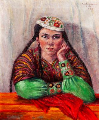 an oil painting of a woman sitting at a table with her hand on her chin
