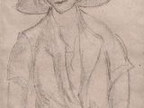 pencil drawing of a woman in a hat and dress holding an apple
