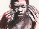 painting of a man holding his hands to his face with blood all over his face