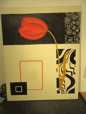 une peinture représentant une fleur rouge sur un fond noir et blanc