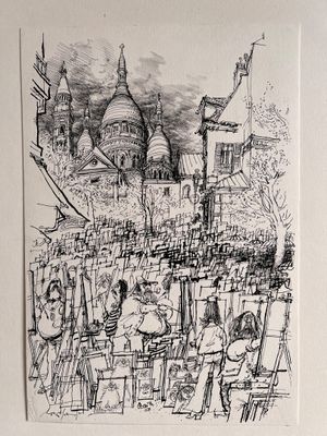 un dessin en noir et blanc représentant un groupe de personnes assises à une table