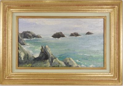 une peinture à l'huile représentant une côte rocheuse avec des rochers au premier plan