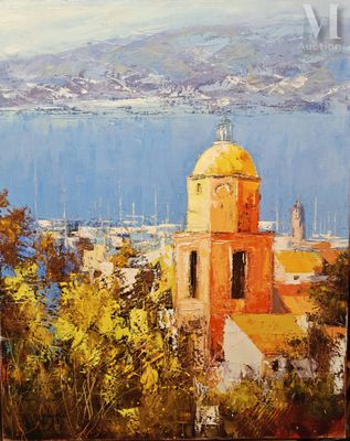an oil painting of a view of a city and a body of water