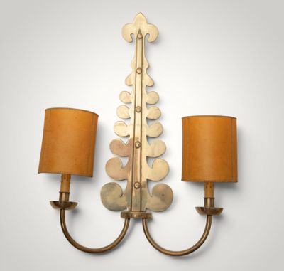 a pair of brass sconces mounted on a wall with lamps