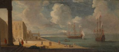 une image représentant une peinture d'une scène portuaire avec des bateaux sur l'eau