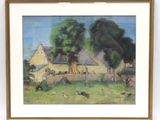tableau encadré représentant une scène de vie à la ferme avec des vaches dans un pâturage