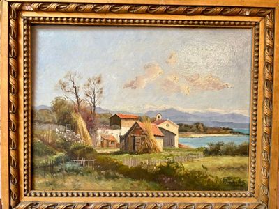 une peinture à l'huile représentant une scène de vie à la ferme avec un lac en arrière-plan