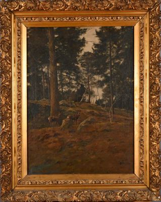 a painting of a wooded landscape with trees in the foreground