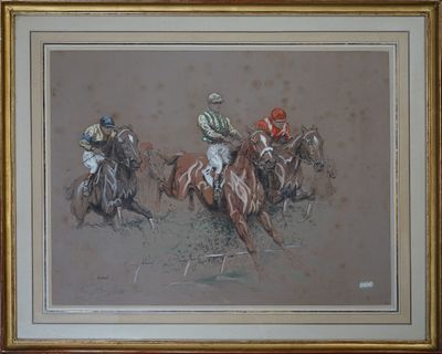 une peinture représentant un groupe de jockeys à cheval