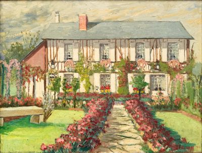 tableau représentant une maison avec un jardin et un banc devant