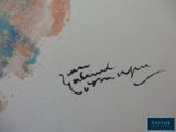 a close up of a painting with writing on it