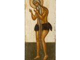 un vieux tableau représentant un homme tenant un bâton et un serpent