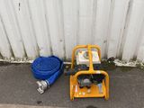 a yellow fire hydrant and a blue hose on the ground