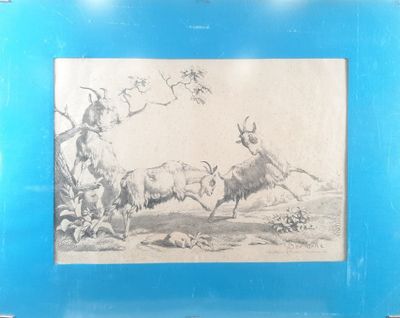drawing of a man on a horse chasing a goat in a field