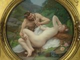 tableau représentant une femme nue allongée sur le dos d'un homme, dans un cadre doré