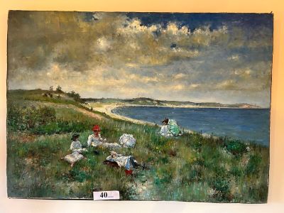 a painting of a group of people sitting on the grass by the water