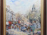 an oil painting of a street scene with people walking down the street