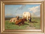 a painting of cows in a field with a sky in the background