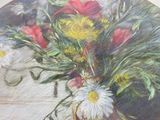 a painting of flowers in a vase on a table