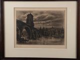 painting of a bridge over a body of water with a castle in the background