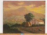 a painting of a farm scene with a mountain in the background