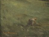 a painting of a person in a field with a horse