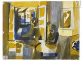 une image d'un tableau représentant une femme assise à une table dans une pièce jaune