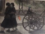 a painting of a woman pulling a carriage with a man on it