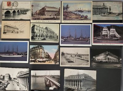 several old postcards of different buildings and buildings on a wall