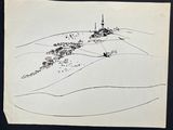 an image of a drawing of a small town on a hill