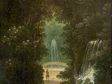 an image of a painting of a waterfall in a wooded area