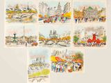 quatre aquarelles représentant une scène urbaine avec des passants marchant sur le trottoir