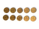 six different types of gold coins on a white surface