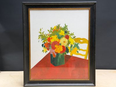painting of a vase of flowers on a table with a chair in the background