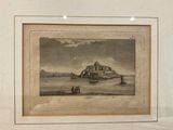 an old picture of a castle in the middle of a body of water