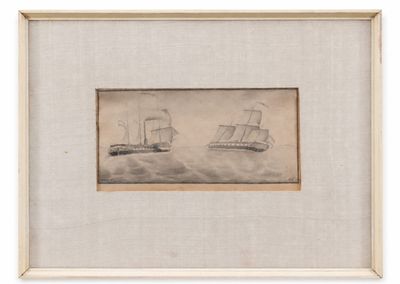 un dessin représentant deux bateaux sur un plan d'eau