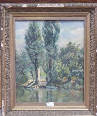tableau représentant une scène fluviale avec des arbres et un pont au premier plan
