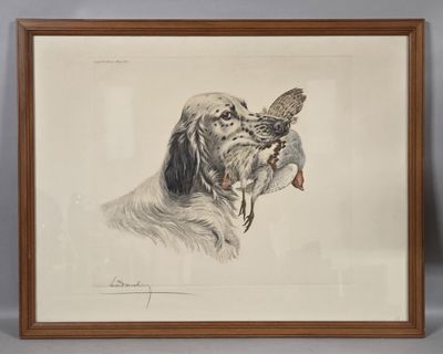 a drawing of a dog with a bird in its mouth