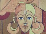 a painting of a woman with ear rings on it ' s head