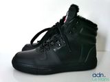 black leather high top sneakers with fur linings and laces