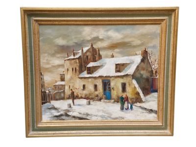 an oil painting of a house in the snow on a white background