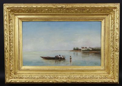 une image représentant un tableau montrant des personnes dans un bateau sur l'eau